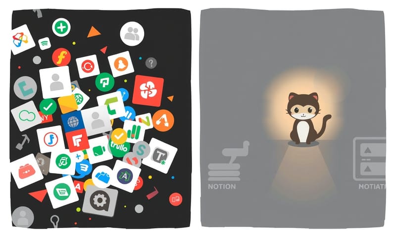 ツールが乱立する混沌とした状況と、GitHubに一本化されたシンプルな状況の対比。