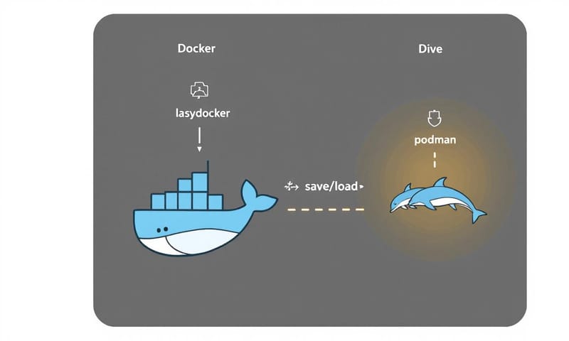 DockerとPodman、それぞれのツールとの関係性のイメージ
