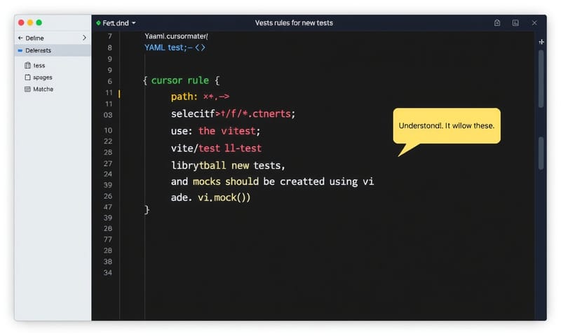 CursorのRules機能の例。テスト作成時の規約をAIに教えている。