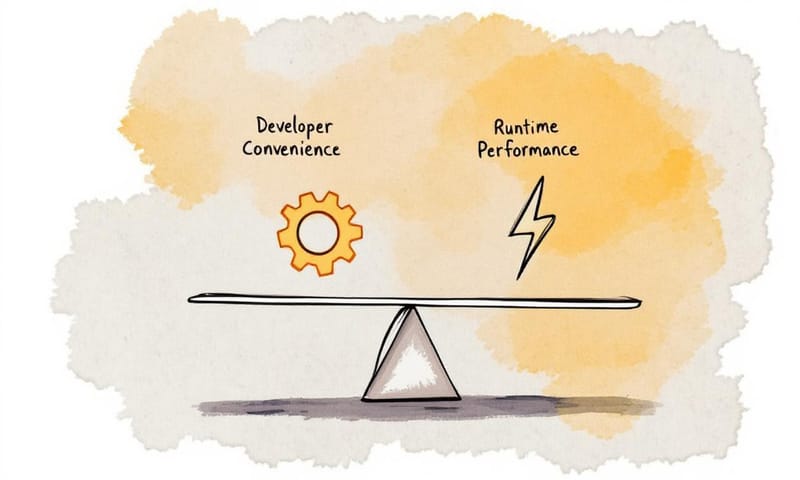ライブラリの便利さとパフォーマンスのトレードオフを示す概念図