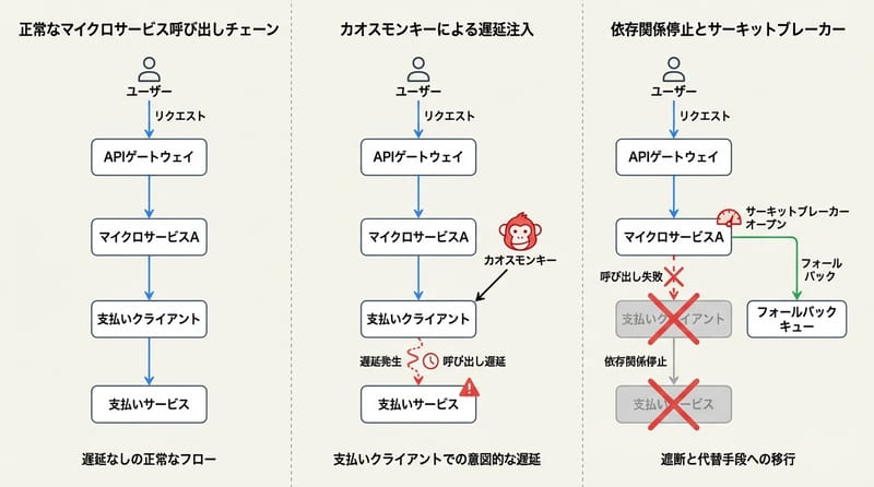 普通の状態／遅延を注入した状態／完全に落とした状態を並べて見ると、設計の穴が見えやすい。