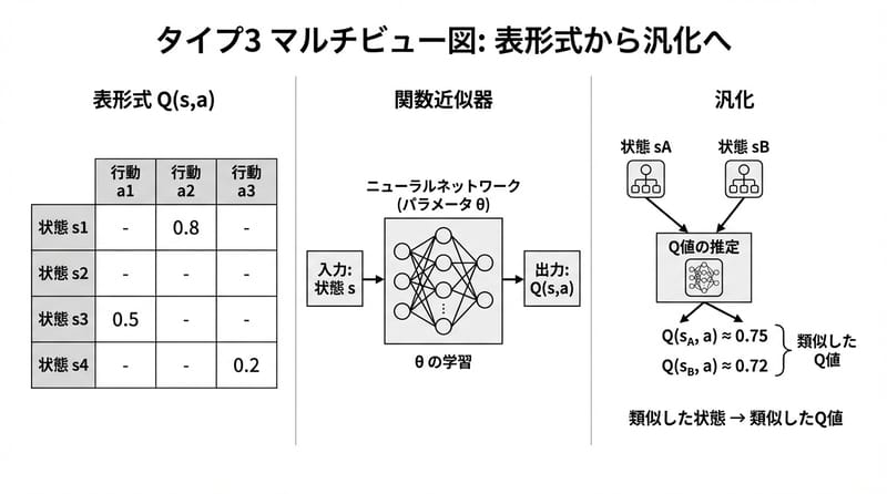 図2（中段・核心拆解）：Q(s,a)とQ(s,a;θ)の違いを一枚で