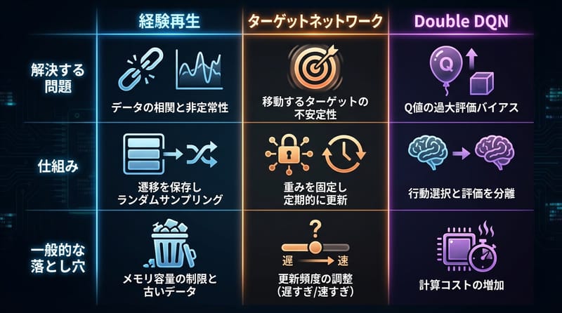 図3（転折・比較）：DQN安定化テクニック3つの役割